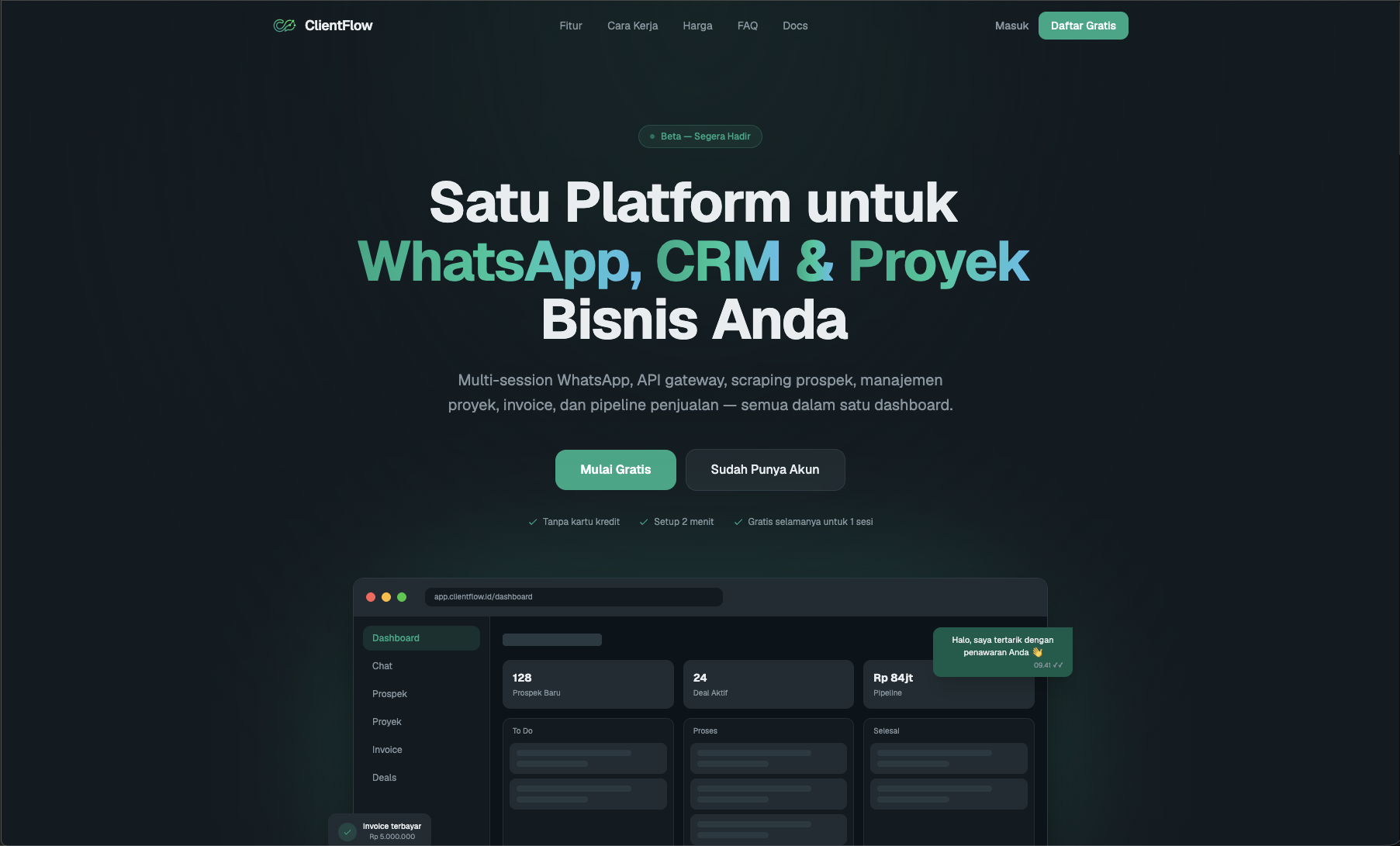 ClientFlow — WhatsApp Business Suite, CRM & Project Management untuk Agency/Freelancer